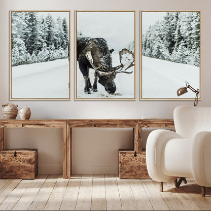 13316292-MGV-CV-36X24-Moose in Snow Wall Art Canvas Print, Framed Winter Wildlife Art Picture Print, Snowy Forest Scene Perfect Rustic Lodge Decor
