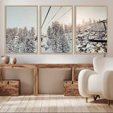 91534512-MGV-FC-60X30-3P_Natural-Frosty Pines Wall Art Canvas Print, Framed Cozy Cabin View Art Picture Print, Ski Lift Ride Perfect Rustic Lodge Decor Artwork