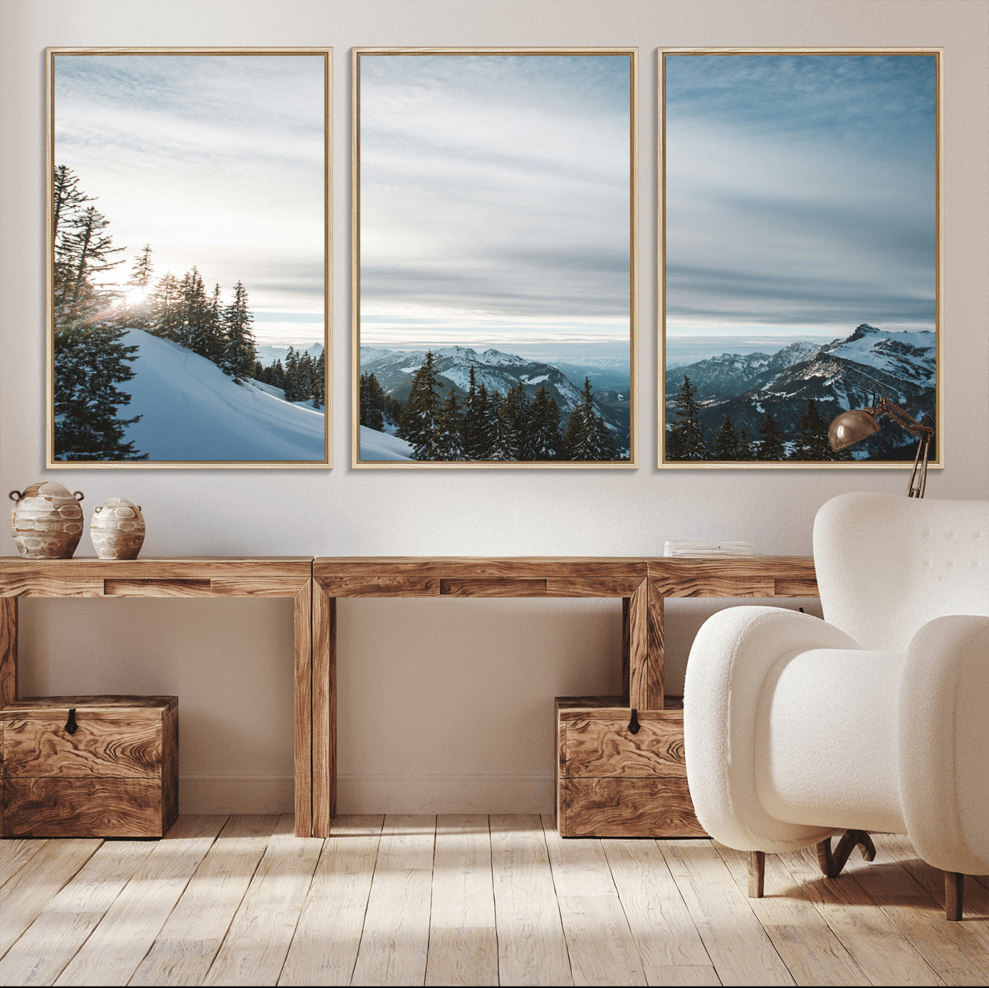 55564749-MGV-CV-36X24-Snowy Mountains Wall Art Canvas Print, Framed Alpine Landscape Art Picture Print, Frosty Peaks Perfect Nordic Minimalist Decor