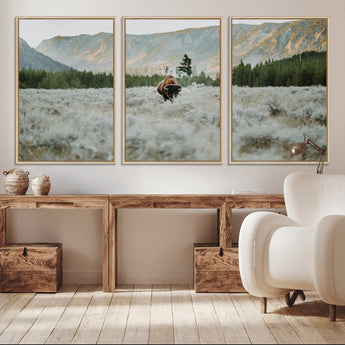 41674074-MGV-FC-60X30-3P_Natural-Bison Wall Art – American Buffalo Wildlife Photography Canvas Print, Western Mountain Landscape Artwork Rustic Nature Decor for