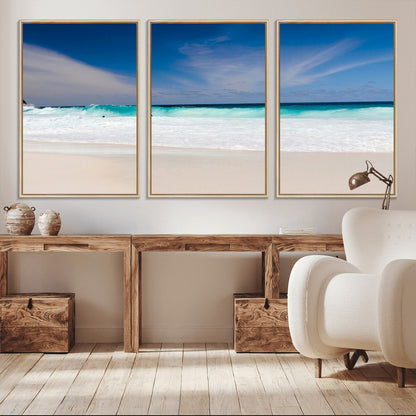 55017356-MGV-CV-36X24-Ocean Beach Wall Art – Turquoise Wave and White Sand Shoreline Canvas Print, Coastal Seascape Photography Decor for Living Room,