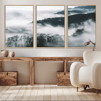 67569654-MGV-CV-36X24-Foggy Forest Wall Art – Mist Covered Hills and Trees Landscape Canvas Print, Moody Nature Photography Decor for Living Room,