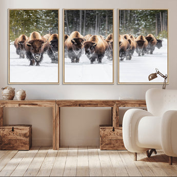 96906195-MGV-CV-36X24-Bison Herd Wall Art – American Buffalo Wildlife Photography Canvas Print, Winter Snow Scene Western Nature Decor for Living Room,