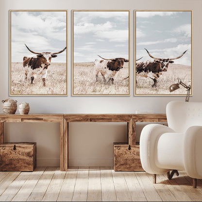 65621083-MGV-FC-60X30-3P_Natural-Texas Longhorn Wall Art – Rustic Western Cattle Canvas Print, Southwestern Ranch Photography Decor for Living Room, Office,