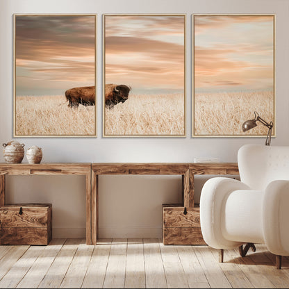 20306324-MGV-CV-36X24-Bison Wall Art – Lone American Buffalo Prairie Sunset Canvas Print, Rustic Western Wildlife Photography Decor for Living Room,