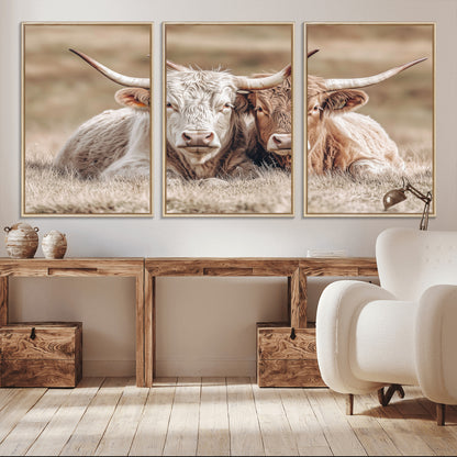 38651722-MGV-CV-36X24-Cow Wall Art – Rustic Longhorn Pair Canvas Print, Western Farmhouse Animal Painting, Country Ranch Decor for Living Room, Bedroom,