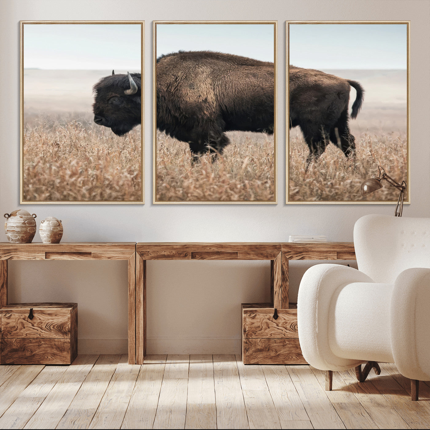 69909079-MGV-CV-36X24-Bison Wall Art – Majestic Buffalo Canvas Print in Prairie Grasslands, Rustic Western Animal Painting, Farmhouse Ranch Decor for