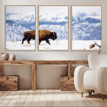 21623194-MGV-CV-36X24-Snow Bison Wall Art – Majestic Buffalo Wildlife Canvas Print, Winter Nature Décor for Rustic Living Room, Farmhouse, Cabin, Lodge