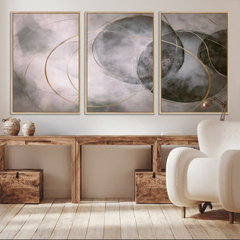 20066876-MGV-CV-36X24-Neutral Abstract Circle Wall Art – Modern Gray Beige Gold Canvas Print, Minimalist Geometric Painting for Bedroom, Living Room,