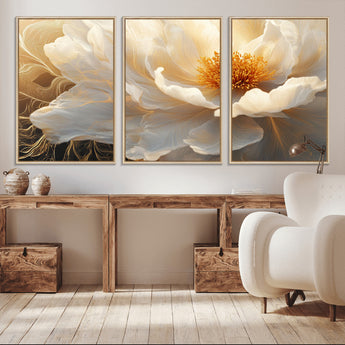 29539087-MGV-CV-36X24-Floral Wall Art – Elegant White and Gold Bloom Canvas Print, Romantic Modern Flower Artwork for Bedroom, Living Room, or Office