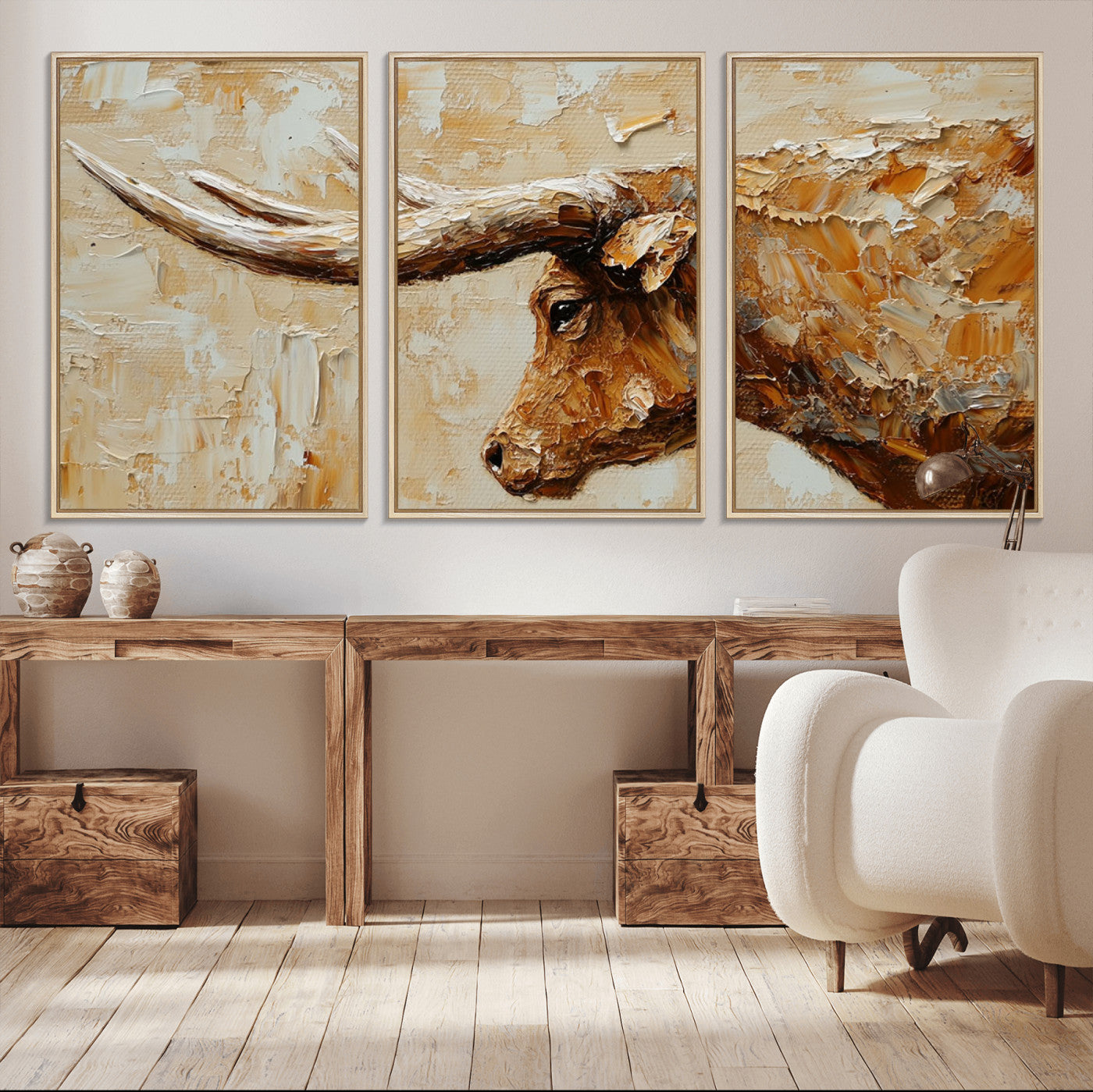 69611428-MGV-CV-36X24-Longhorn Bull Wall Art – Rustic Western Canvas Print, Textured Farmhouse Cattle Painting for Living Room, Office, or Ranch House
