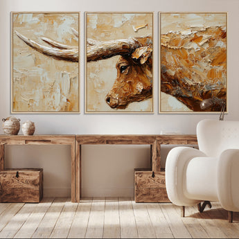 69611428-MGV-CV-36X24-Longhorn Bull Wall Art – Rustic Western Canvas Print, Textured Farmhouse Cattle Painting for Living Room, Office, or Ranch House