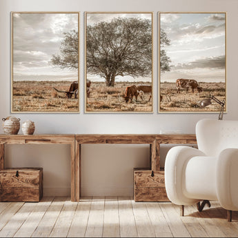87590224-MGV-CV-36X24-Longhorn Cattle Wall Art – Rustic Western Landscape Canvas Print, Texas Farmhouse Prairie Scene for Living Room, Office, or Ranch