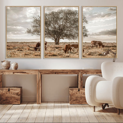 87590224-MGV-CV-36X24-Longhorn Cattle Wall Art – Rustic Western Landscape Canvas Print, Texas Farmhouse Prairie Scene for Living Room, Office, or Ranch