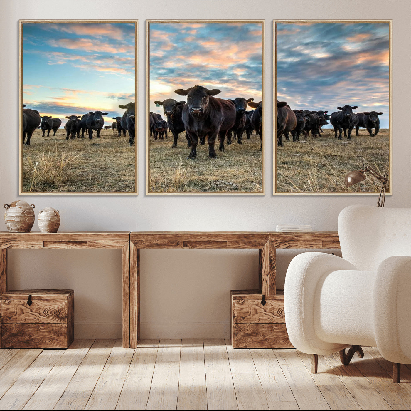 13867292-MGV-CV-36X24-Black Cattle Wall Art – Rustic Ranch Herd Canvas Print, Western Farmhouse Country Landscape Decor for Living Room, Office, or
