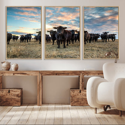 13867292-MGV-CV-36X24-Black Cattle Wall Art – Rustic Ranch Herd Canvas Print, Western Farmhouse Country Landscape Decor for Living Room, Office, or