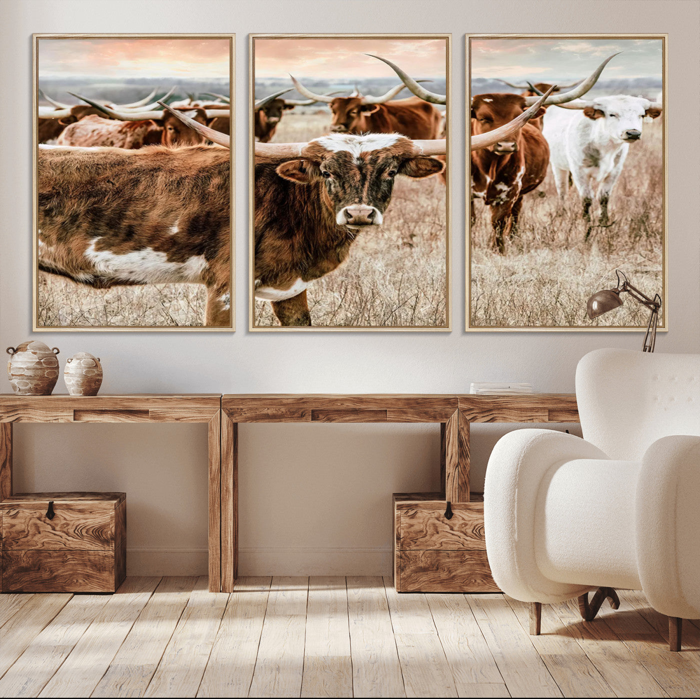 47758300-MGV-CV-36X24-Texas Longhorn Cattle Wall Art – Rustic Western Herd Canvas Print, Cowboy Ranch Farmhouse Decor for Living Room, Office, or