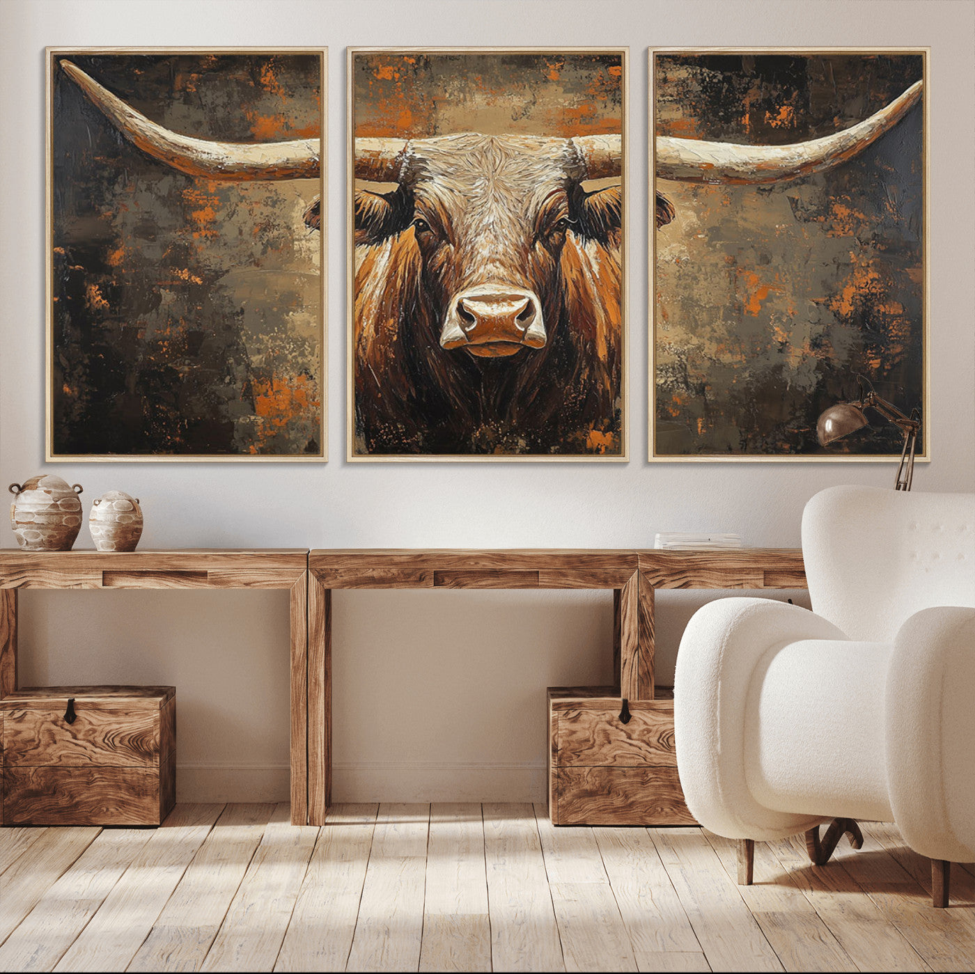 19204445-MGV-CV-36X24-Texas Longhorn Bull Wall Art – Rustic Western Canvas Print, Bold Cowboy Cattle Painting for Ranch House, Farmhouse, Office, or