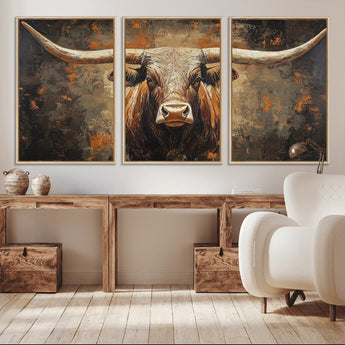 19204445-MGV-CV-36X24-Texas Longhorn Bull Wall Art – Rustic Western Canvas Print, Bold Cowboy Cattle Painting for Ranch House, Farmhouse, Office, or