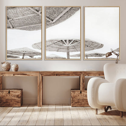 97043123-MGV-CV-36X24-Beach Umbrella Wall Art – Minimalist Coastal Canvas Print, Woven Parasol Summer Decor for Bedroom, Living Room, or Modern Beach