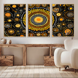 45478523-MGV-FC-60X30-3P_Natural-Abstract Circle Wall Art – Bold Black and Gold Dot Painting Canvas Print, Modern Geometric Mandala Style Decor for Living Room or