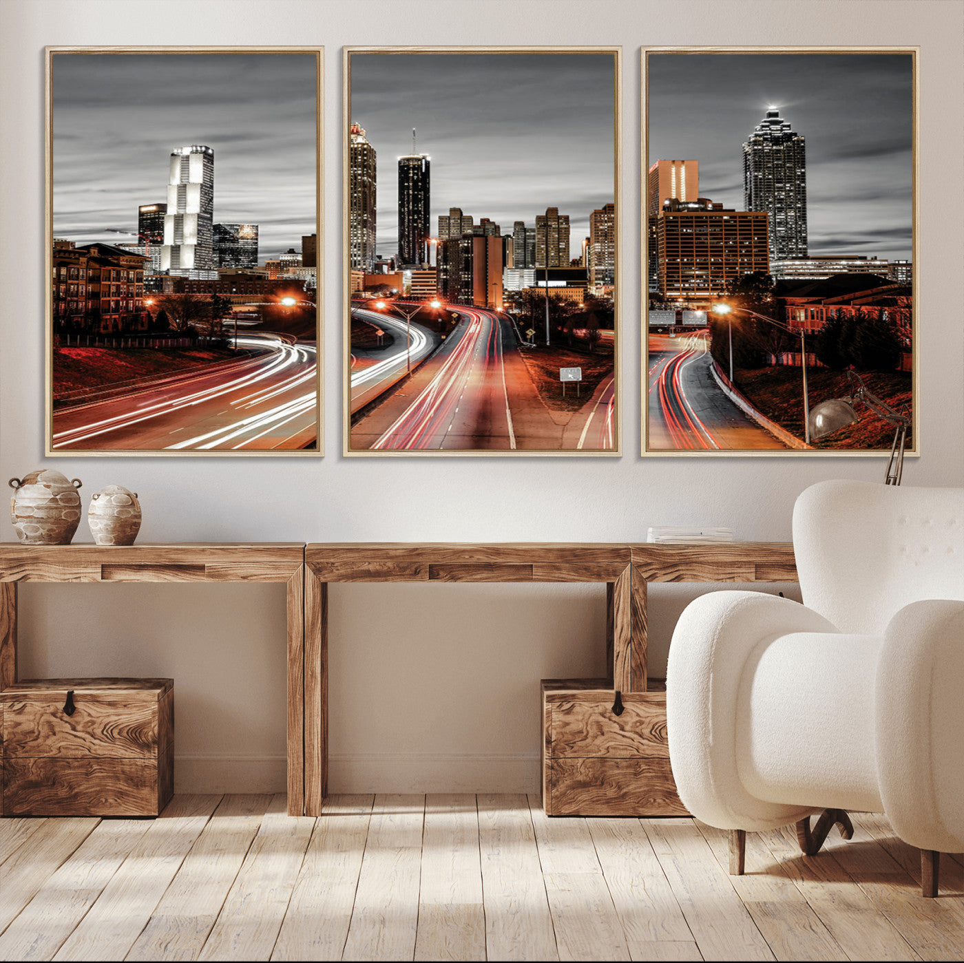 59097239-MGV-CV-36X24-City Skyline Wall Art – Modern Black and White Night Canvas Print with Red Light Trails, Urban Landscape Decor for Living Room or