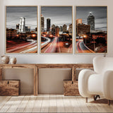 59097239-MGV-CV-36X24-City Skyline Wall Art – Modern Black and White Night Canvas Print with Red Light Trails, Urban Landscape Decor for Living Room or