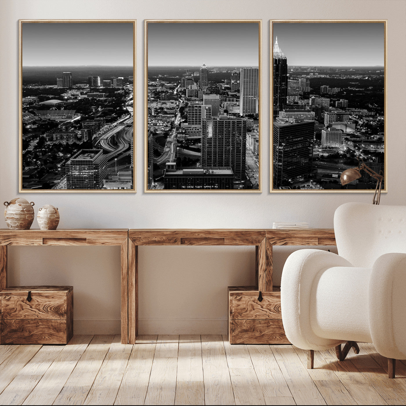 46578567-MGV-FC-60X30-3P_Natural-Atlanta Skyline Wall Art – Black and White Cityscape Canvas Print, Modern Urban Night Decor for Office, Living Room, or Apartment