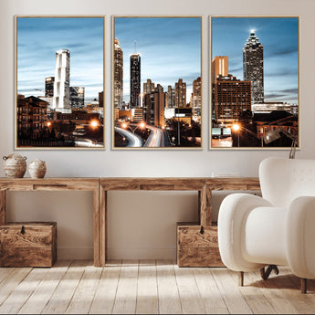 23859158-MGV-CV-36X24-Atlanta Skyline Wall Art – Modern Cityscape Canvas Print with Night Lights and Traffic Trails, Urban Decor for Office, Apartment,