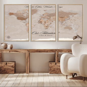 95243244-MGV-CV-36X24-Wander Often Wonder Always World Map Wall Art – Neutral Beige Adventure Canvas Print, Rustic Boho Travel Decor for Bedroom, Living