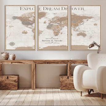 63516865-MGV-CV-36X24-Explore Dream Discover World Map Wall Art – Inspirational Travel Adventure Canvas Print, Neutral Parchment Style Explorer Decor