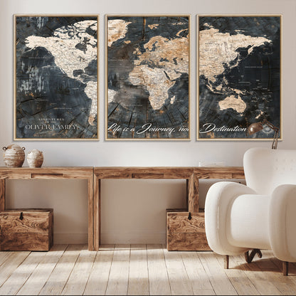 37848568-MGV-CV-36X24-Life is a Journey Not a Destination World Map Rustic Wood Texture Vintage Beige Navy Adventure Wall Art Canvas Print for Home