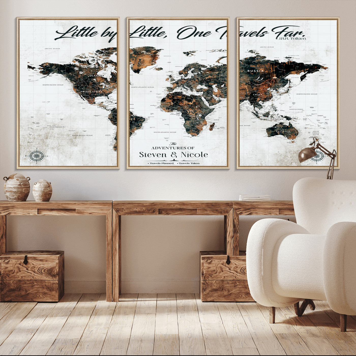 88337180-MGV-CV-36X24-Little by Little One Travels Far Tolkien Quote World Map Rustic Black Brown Adventure Wall Art Canvas Print for Home Office Living