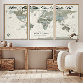 10693204-MGV-CV-36X24-Little By Little One Travels Far Tolkien Quote Blue Green World Map Adventure Wall Art Canvas Print Rustic Wanderlust Travel Decor