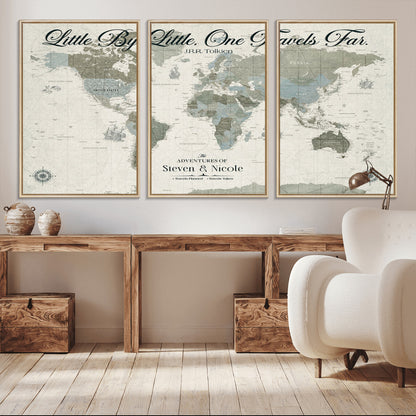 10693204-MGV-CV-36X24-Little By Little One Travels Far Tolkien Quote Blue Green World Map Adventure Wall Art Canvas Print Rustic Wanderlust Travel Decor