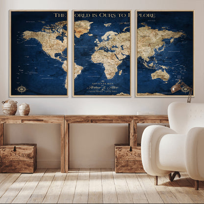 54782997-MGV-CV-36X24-The World is Ours to Explore Wall Art – Blue World Map Canvas Print, Adventure Travel Decor for Home, Office or Living Room,