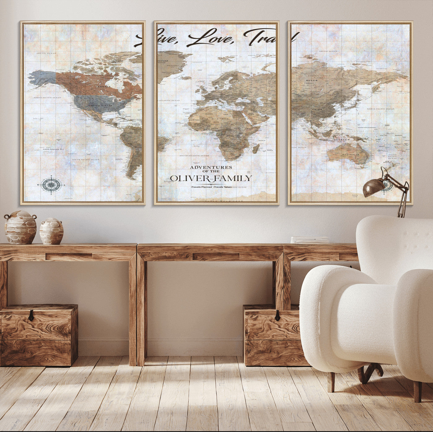 43924907-MGV-CV-36X24-Live Love Travel Wall Art – Neutral World Map Canvas Print, Rustic Adventure Decor for Home, Office or Living Room, Unique Gift