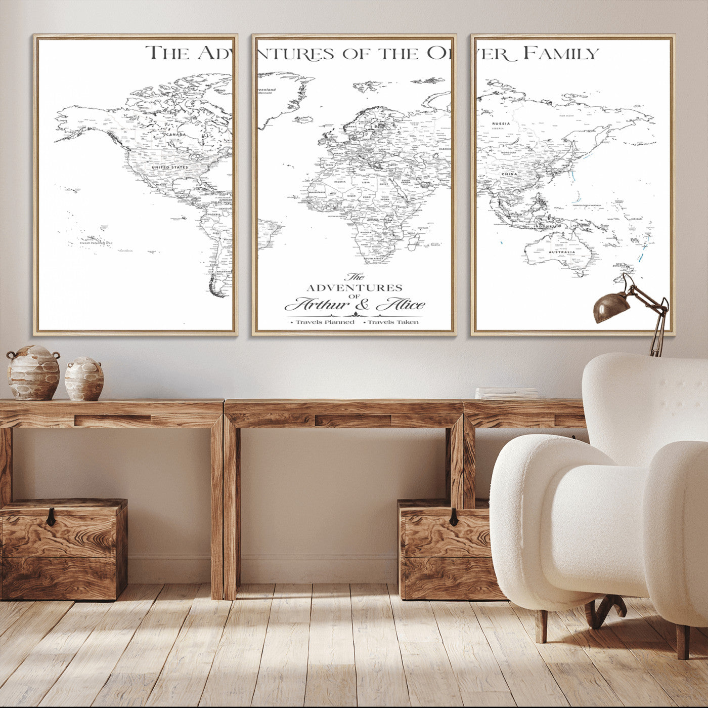 21029247-MGV-FC-60X30-3P_Natural-Minimalist World Map Wall Art – Black and White Travel Adventure Print, Modern Family Travel Map Decor for Living Room, Bedroom,