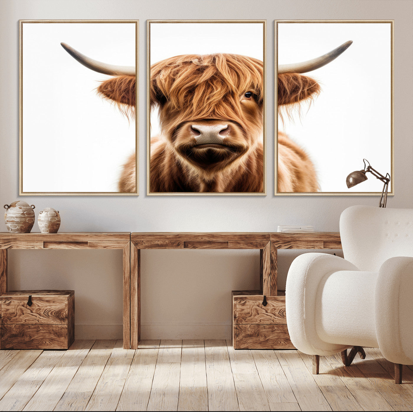 637908607-MGV-FC-93X47-3P_Black-Highland Cow Wall Art Print – Rustic Farmhouse Animal Portrait, Scottish Highland Cattle Canvas, Modern Country Wall Decor for