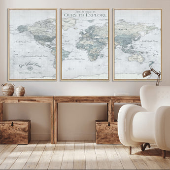 94249974-MGV-CV-36X24-Ours Explore World Map Wall Art – Modern Travel Canvas Print, Neutral Adventure Decor for Living Room, Office, Study, Bedroom,
