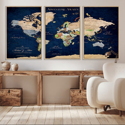 43160428-MGV-CV-36X24-Adventure Awaits Navy Blue World Map – Vibrant Travel Canvas Wall Art, Antique Atlas Print, Wanderlust Decor for Home Office
