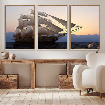 31270610-MGV-CV-36X24-Sailing Ship Wall Art – Sunset Seascape Canvas Print with Tall Ship at Sea, Nautical Ocean Decor for Living Room, Office, or