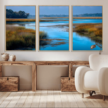 26300004-MGV-CV-36X24-Tranquil Marshland Canvas Wall Art – Blue Water, Reflective Sky, Golden Grasses, Calm Nature Landscape, Scenic Outdoor Beauty for