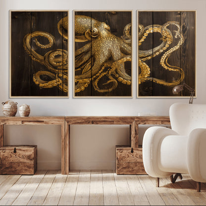 56769669-MGV-CV-36X24-Octopus Wall Art – Gold Nautical Canvas Print with Rustic Wood Panel Design, Detailed Marine Artwork for Coastal Ocean Decoration
