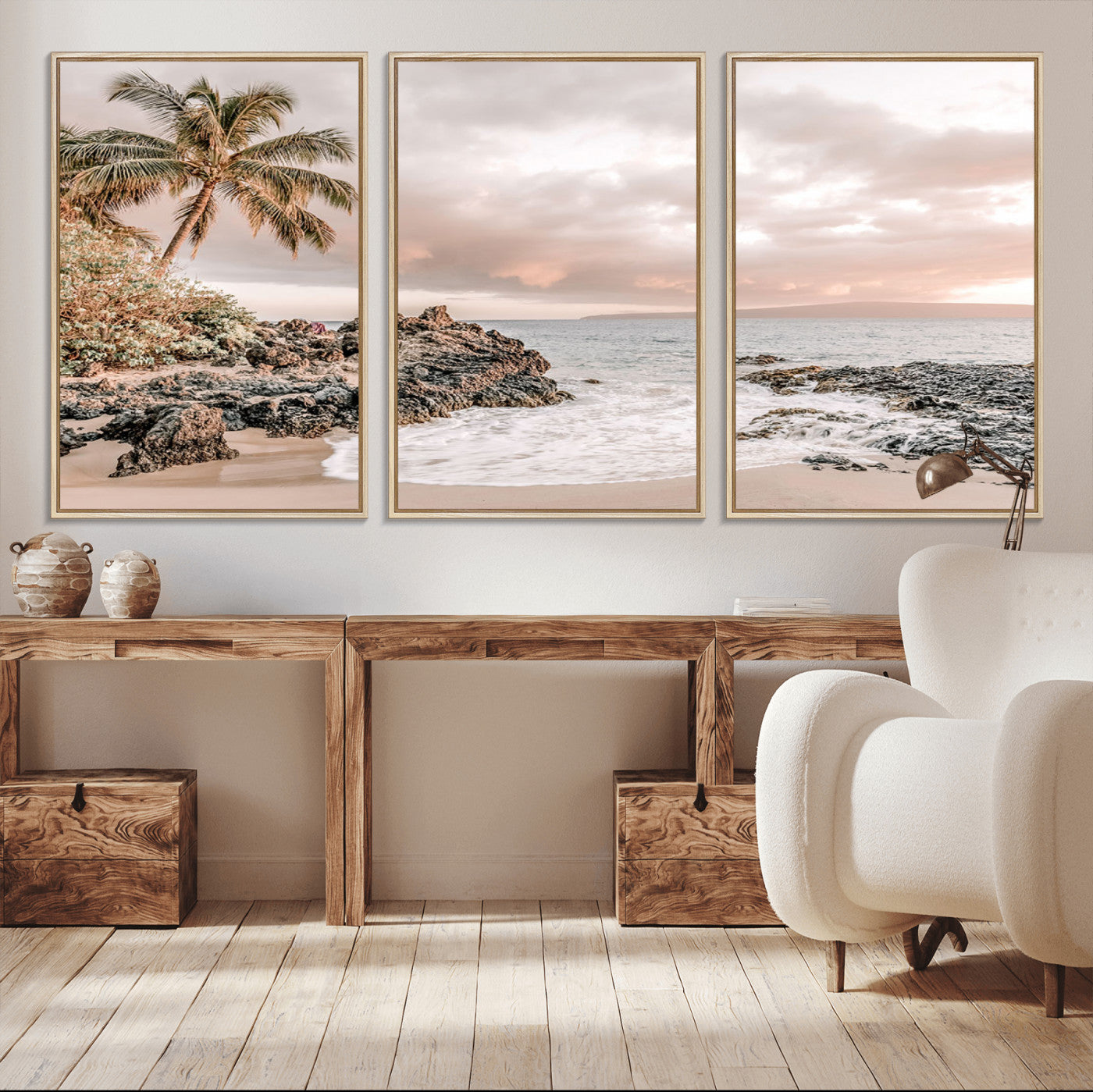 18005328-MGV-CV-36X24-Tropical Beach Canvas Wall Art – Palm Tree, Rocky Shoreline, Ocean Waves, Sunset Clouds, Calm Sea, Island Nature Relaxation for