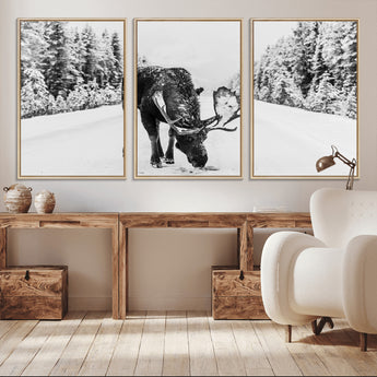 38956835-MGV-FC-60X30-3P_Natural-Moose Wall Art – Black and White Wildlife Canvas Print with Snowy Forest Road, Rustic Nature Photography for Cabin, Lodge, Living