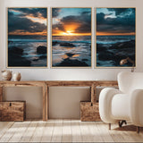 66040852-MGV-CV-36X24-Ocean Sunset Canvas Wall Art – Rocky Shore Waves, Dramatic Clouds, Golden Sun Rays, Coastal Nature, Serene Water Reflection for