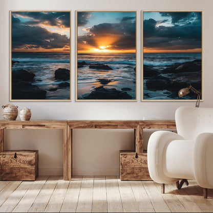 66040852-MGV-CV-36X24-Ocean Sunset Canvas Wall Art – Rocky Shore Waves, Dramatic Clouds, Golden Sun Rays, Coastal Nature, Serene Water Reflection for