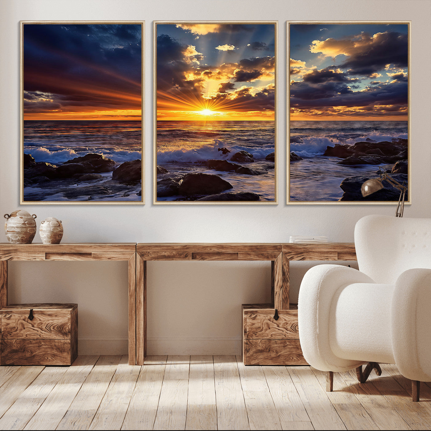 35900590-MGV-CV-36X24-Ocean Sunset Wall Art – Vivid Seascape Canvas Print with Sunburst Sky, Crashing Waves and Rocky Shore, Dramatic Coastal