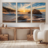 85659923-MGV-FC-60X30-3P_Natural-Ocean Sunset Wall Art – Dramatic Seascape Canvas Print with Cliffs, Crashing Waves and Golden Sky, Bold Coastal Photography for